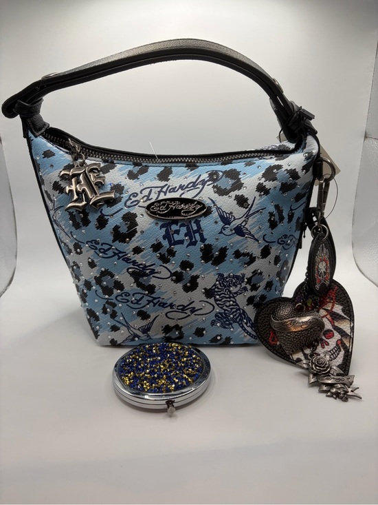 Ed Hardy Handbags - Ed Hardy Blue Leopard Print Mini Hobo Bag w/mirror